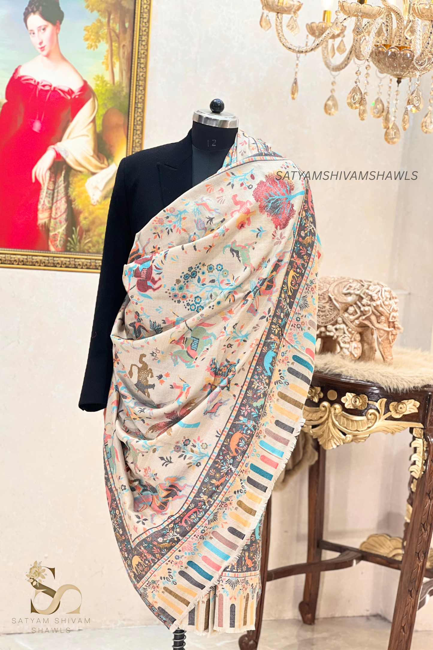 Fine wool pashmina 12 count autentic kani shikar desingn lohi ,big size