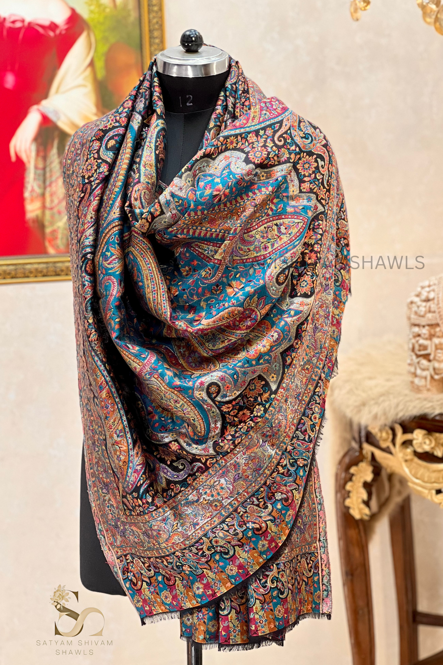 TURKEY ARABIC ZARI KANI WOVEN SHAWL,WARM AND SOFT,VINTAGE BLACK