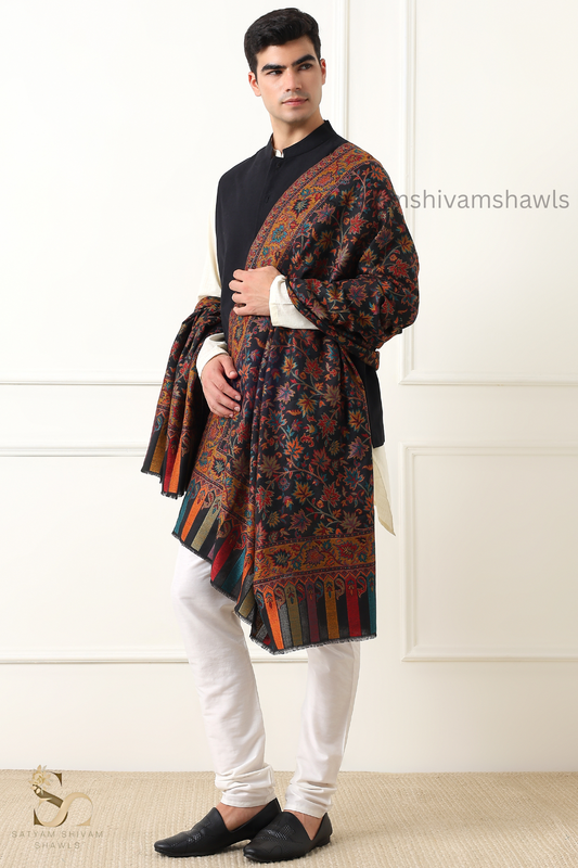 MENS ETHNIC KASHMIRI CHINAR DESIGN KANI SHAWL, Light Weight, Soft And Warm, BLACK
