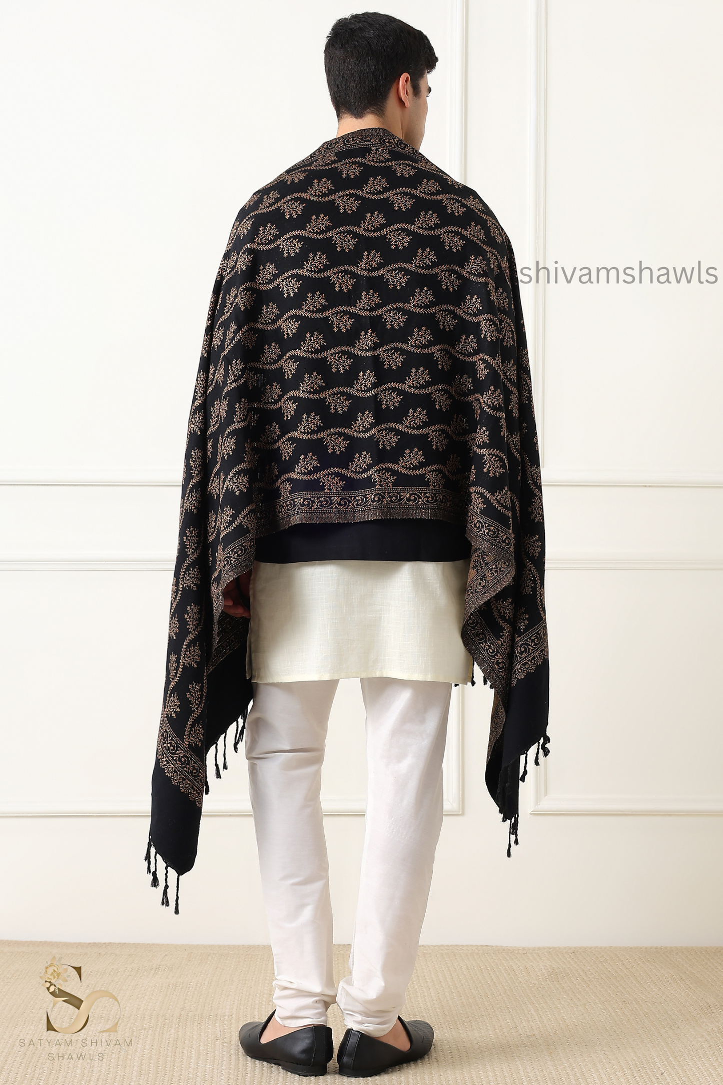 Mens pure wool zari weaved stole,black