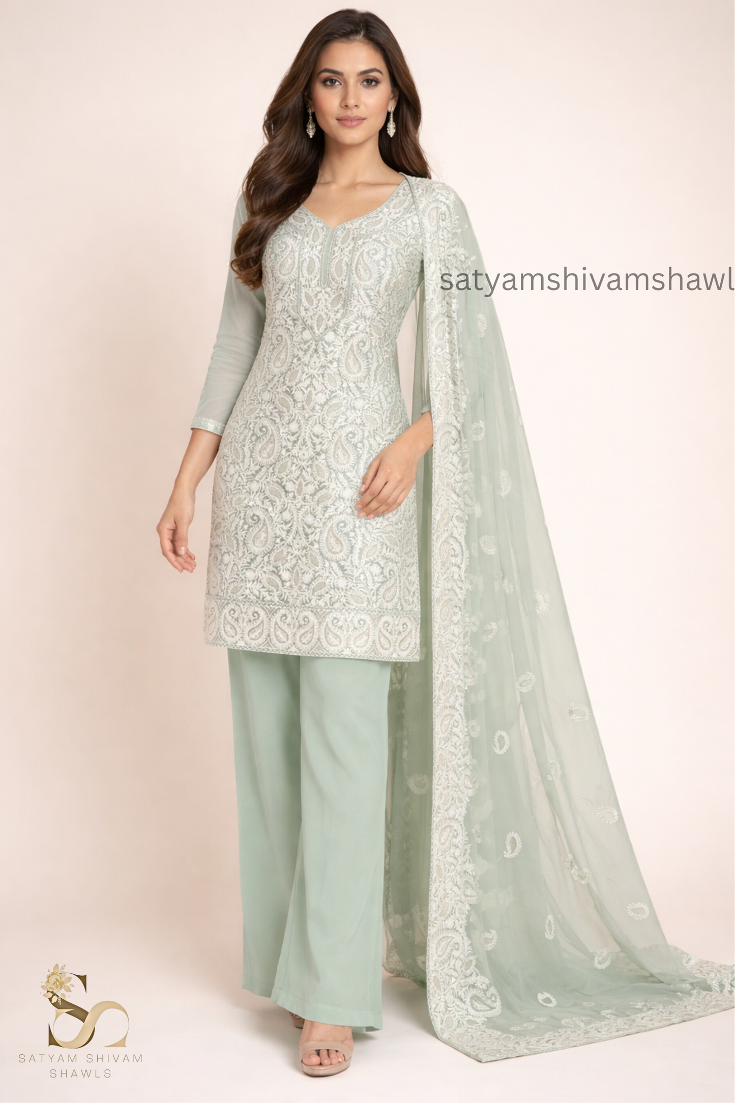 KASHMIRI NALKI TILLA EMROIDERY GEORGETTE SUIT GREEN COLOUR