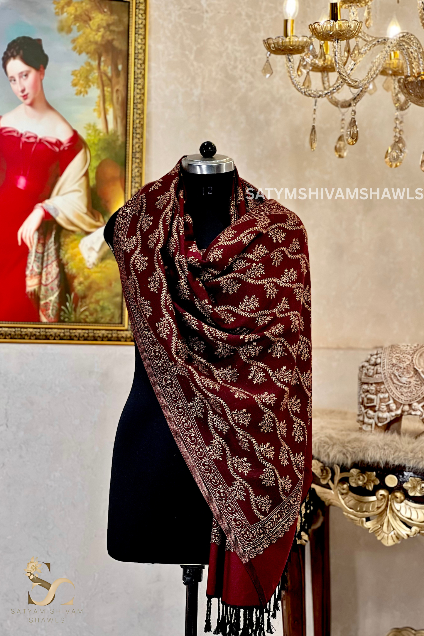 pure wool zari weaved stole,wine