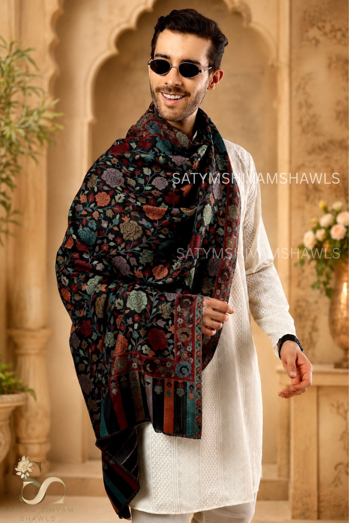 ARABIC ROSE KANI WOVEN LUXURY PASHMINA WOMENS STOLE,BLACK