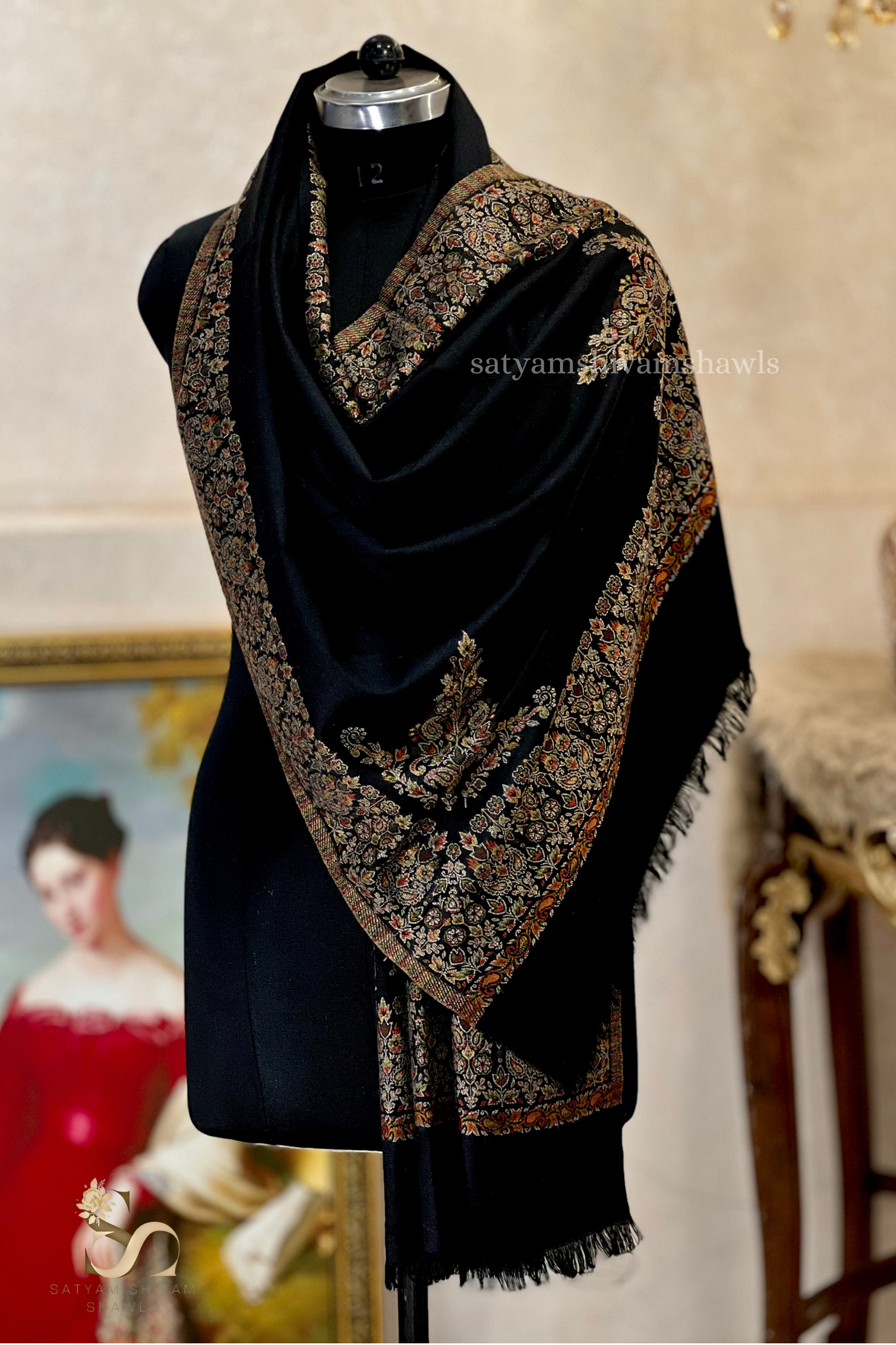The heritage kunj pure wool border bloom kani weaved stole