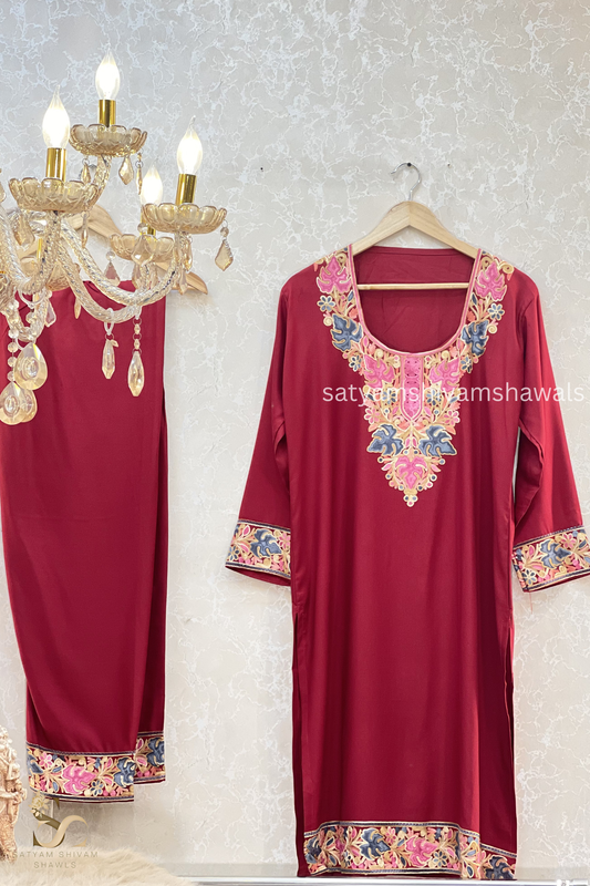 KASHMIRI NALKI MULTI EMROIDERY COAT SET MEHROON COLOUR