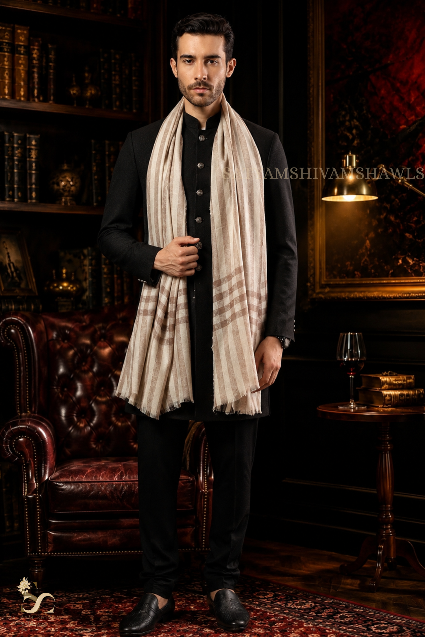 LUXURY PASHMINA SELF STRIPES WITH CHECK PALLA MENS STOLE, COLOR SKINISHCAMEL