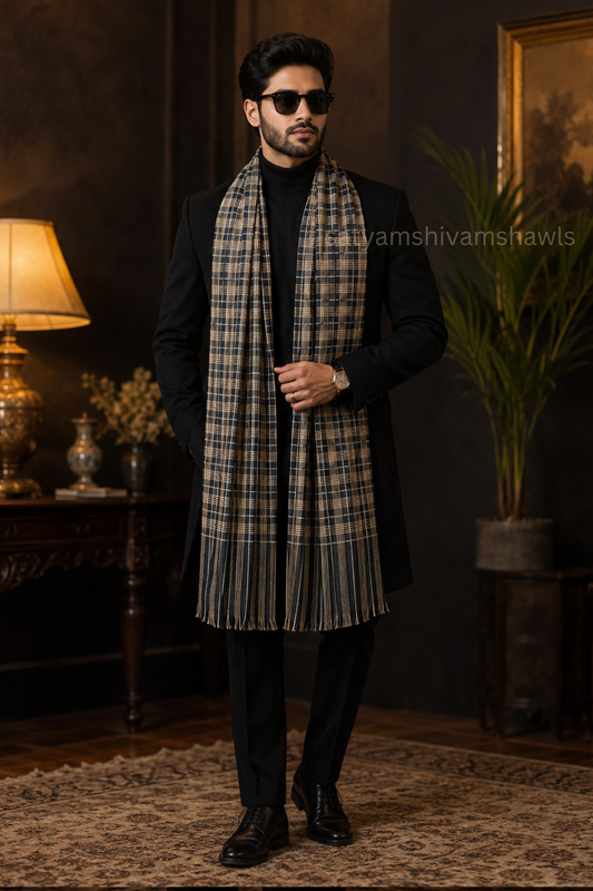 Mens Woven Check Shawl-pure wool , full size,black