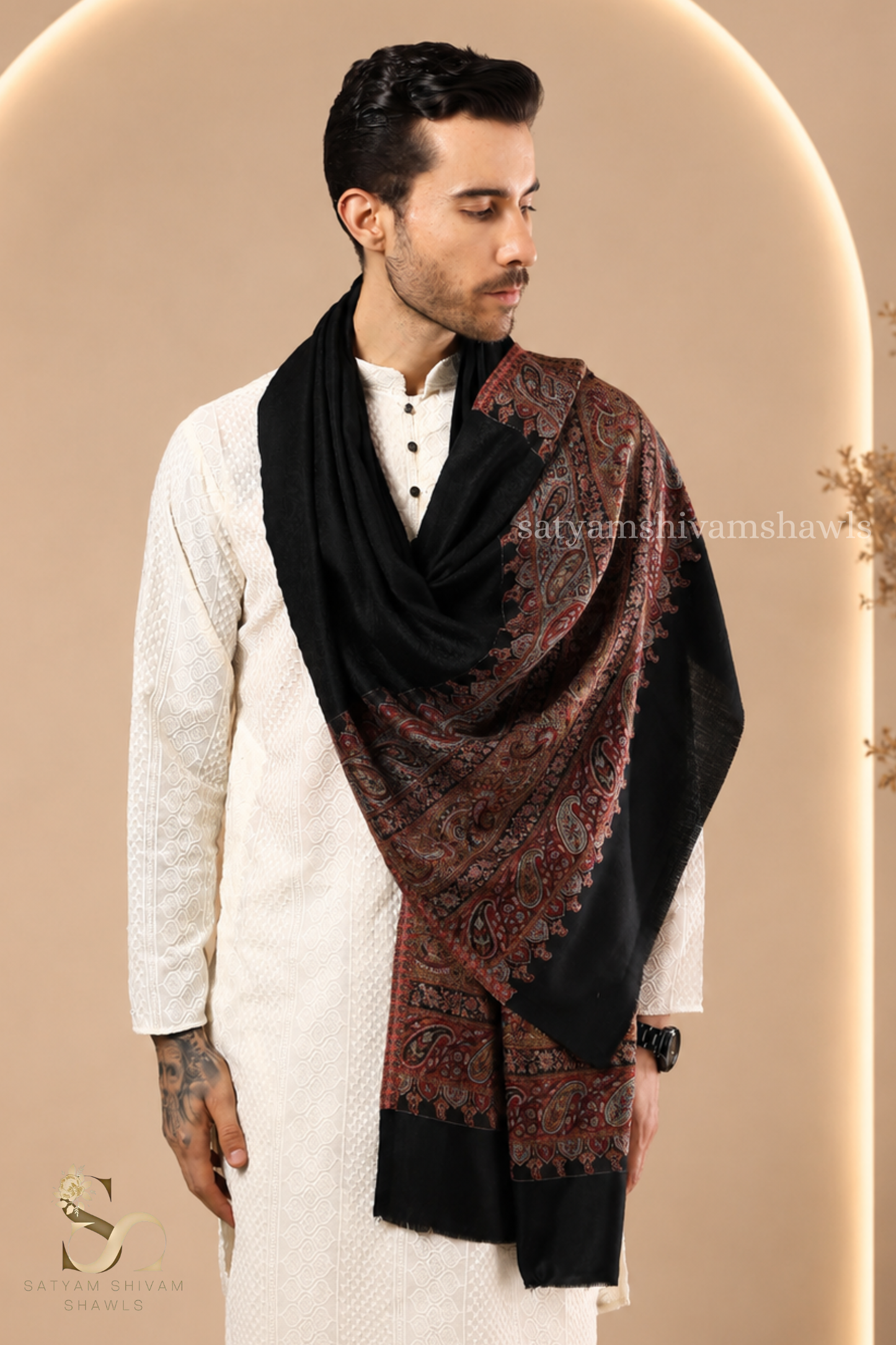 EXTRA FINE WOOL KASHMIRI PAISLEY PALLA MENS STOLE, BLACK
