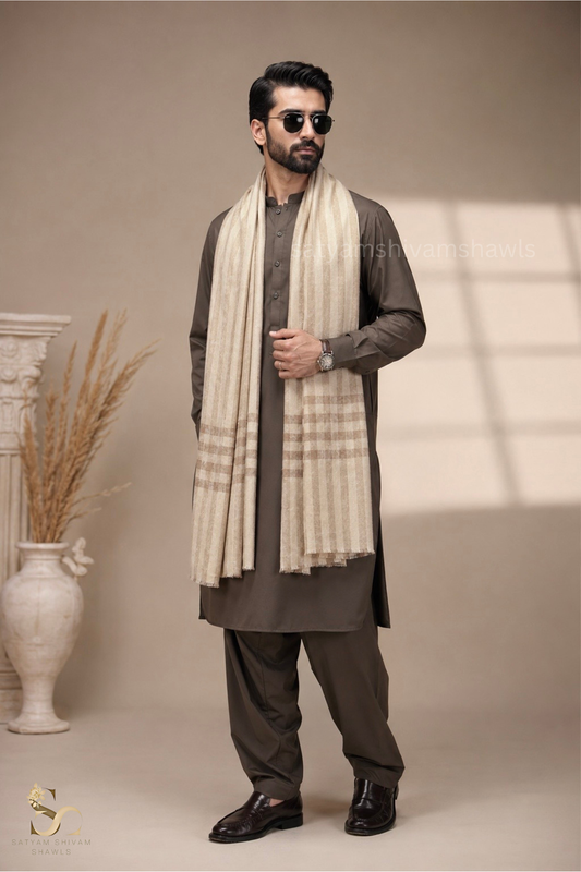 LUXURY PASHMINA SELF STRIPES WITH CHECK PALLA MENS STOLE, COLOR SKINISHCAMEL