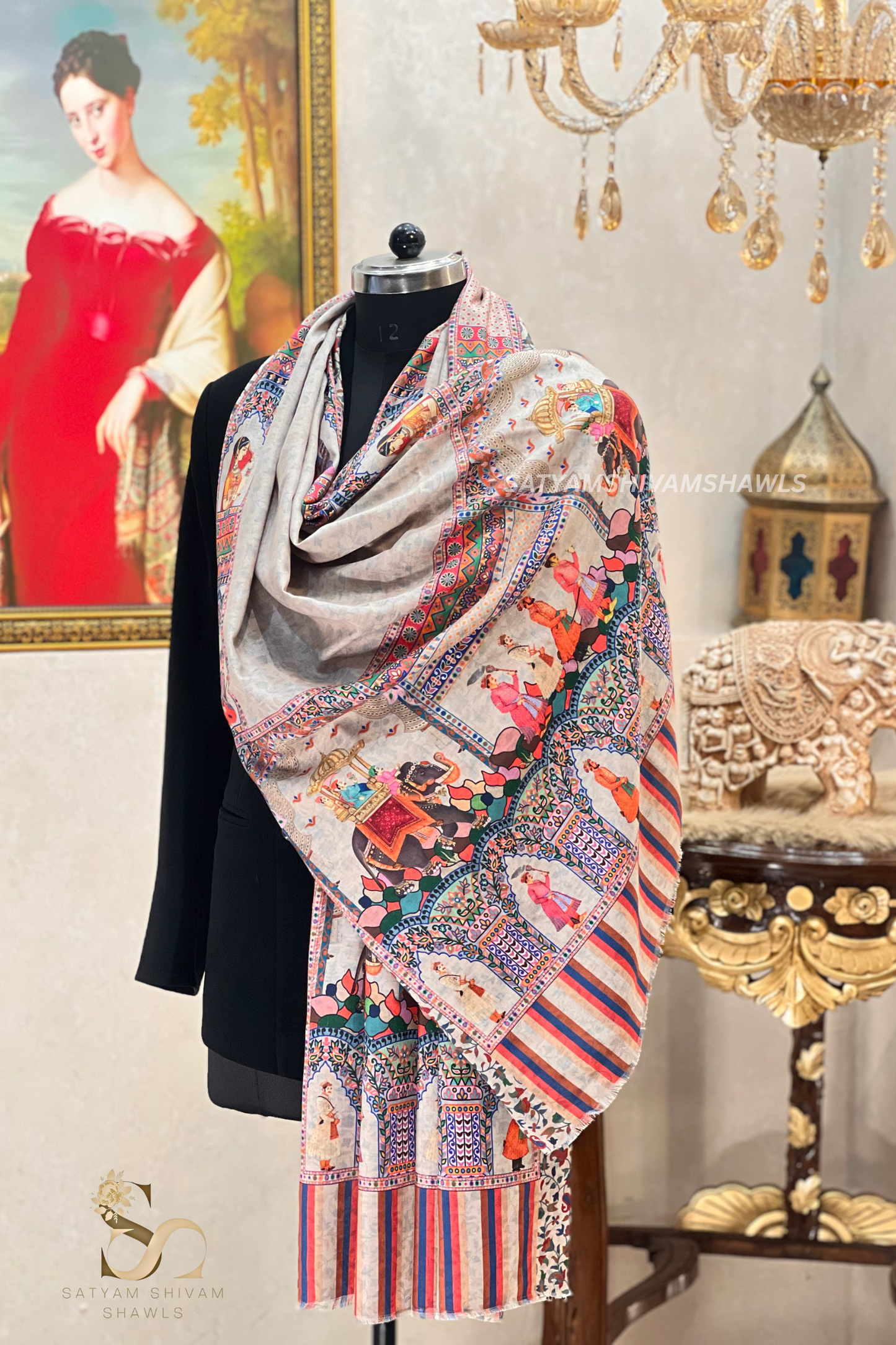 ISHQ-E-DHOLI PALLA REVERSIBLE PURE WOOL KALAMKARI PRINT STOLE ,Beige