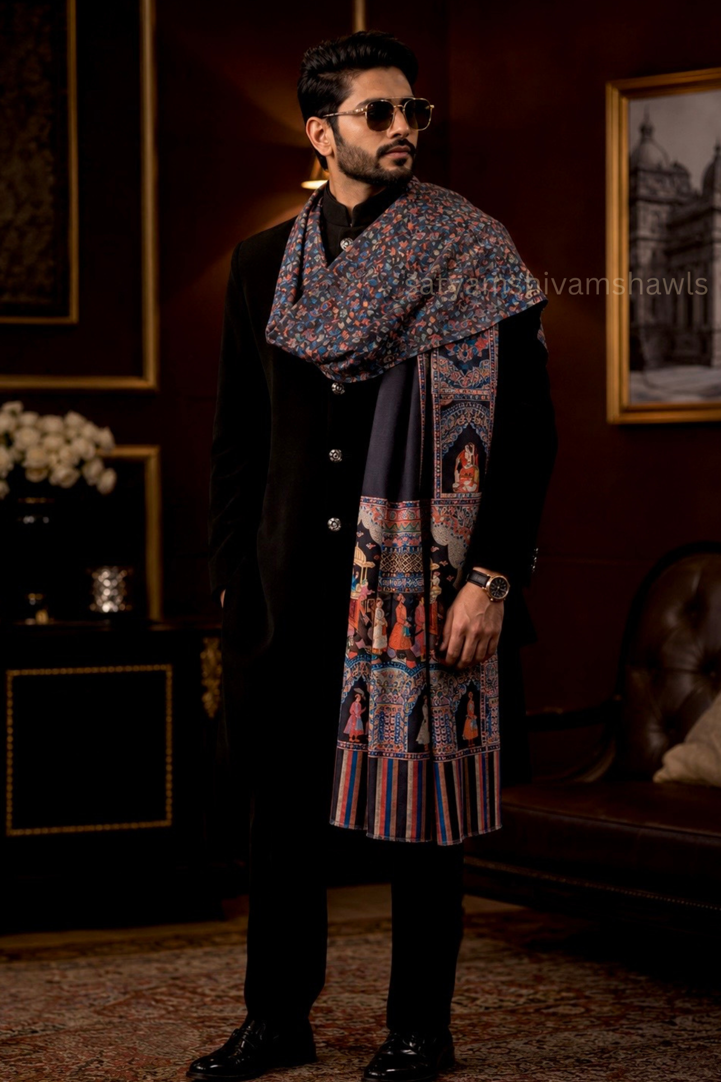 ISHQ-E-DHOLI PALLA REVERSIBLE PURE WOOL KALAMKARI PRINT STOLE ,BLACK