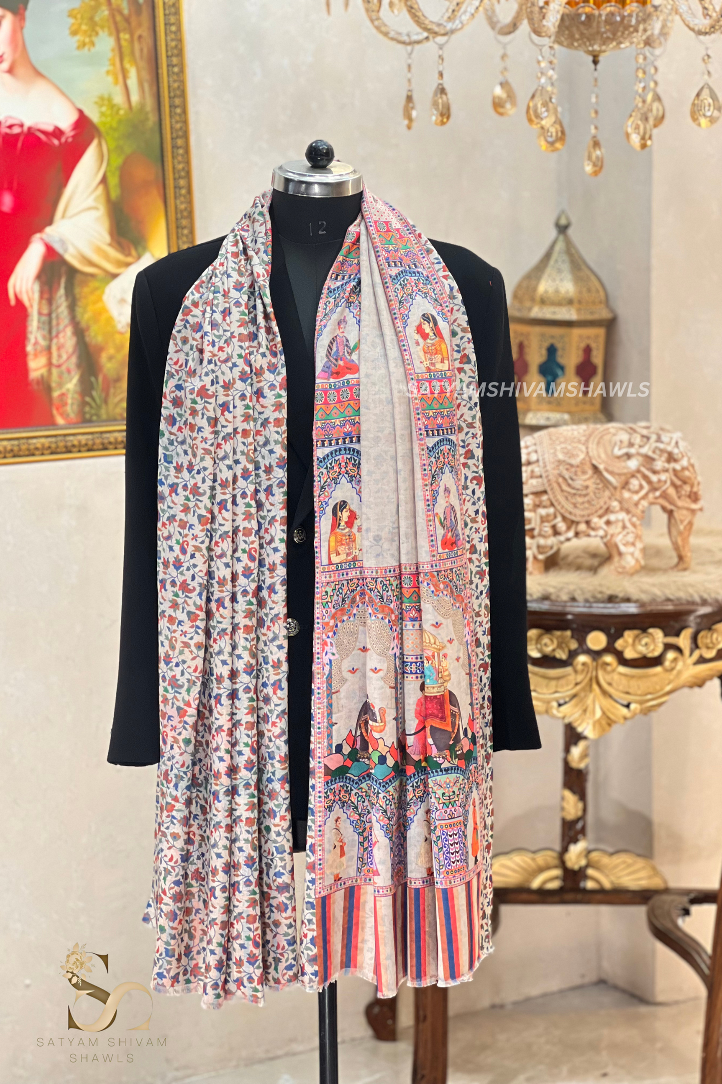 ISHQ-E-DHOLI PALLA REVERSIBLE PURE WOOL KALAMKARI PRINT STOLE ,Beige