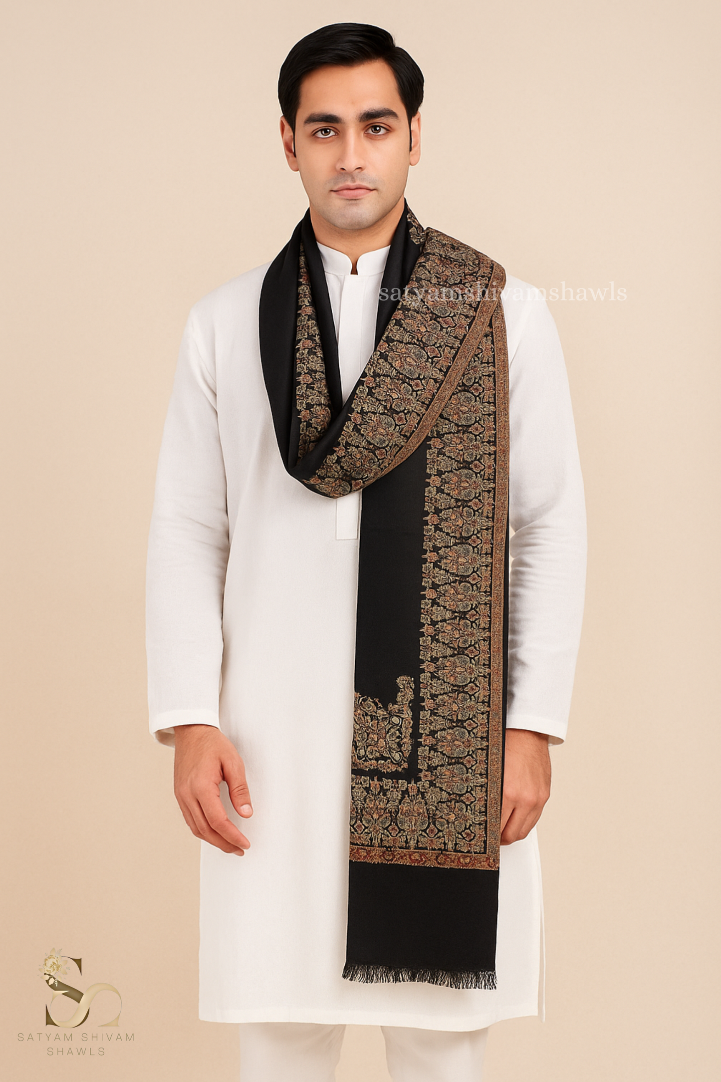 The heritage kunj pure wool border bloom kani weaved stole