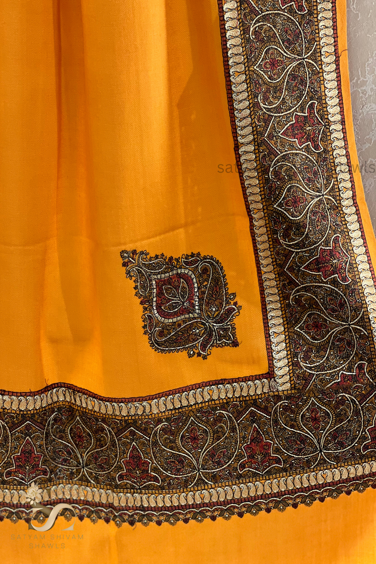 papear mashe kundan zari border shawl ,mustard