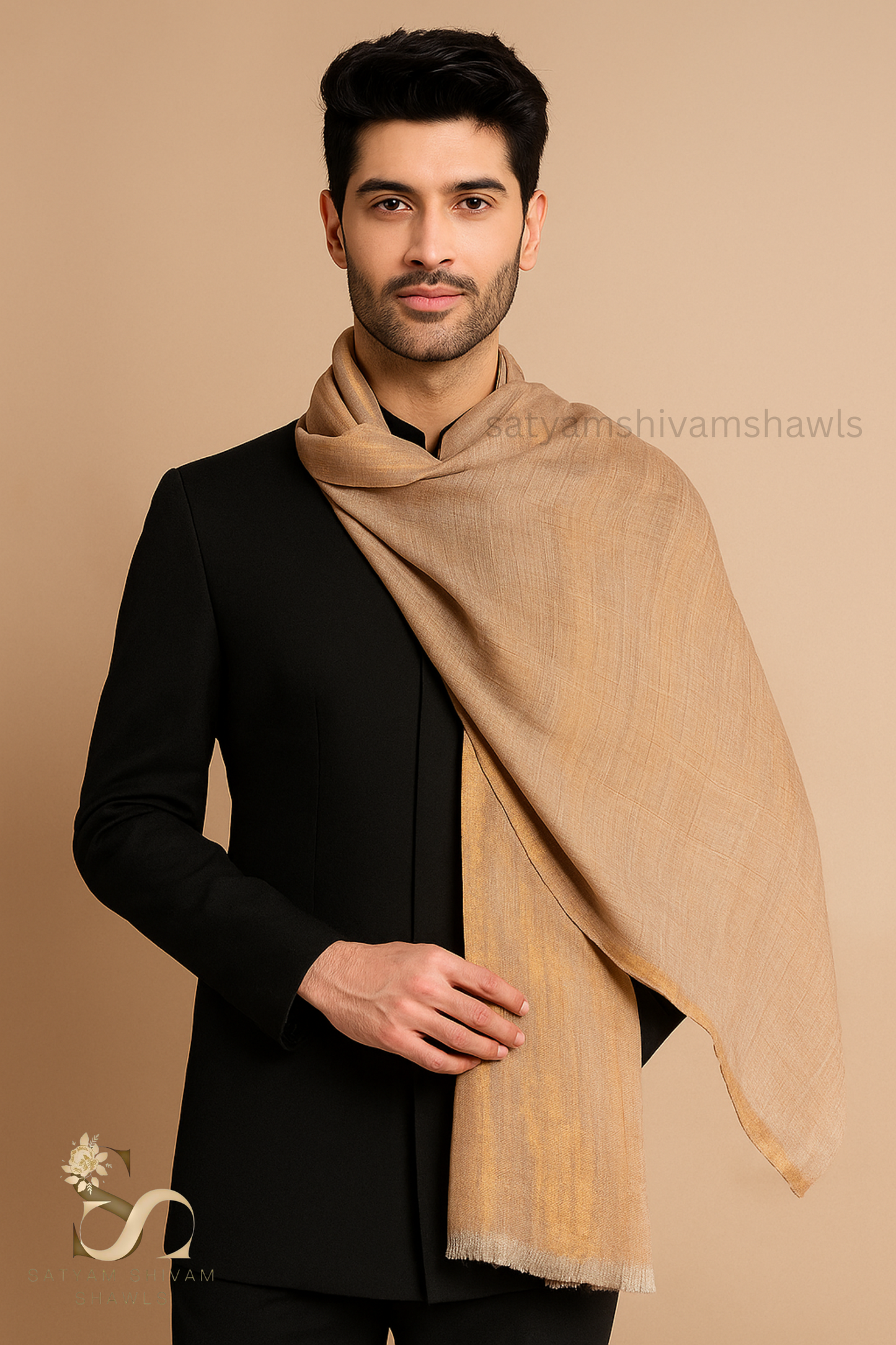 Twilight Collection, Metallic Thread Weave, Fine Wool, light gold mens stole