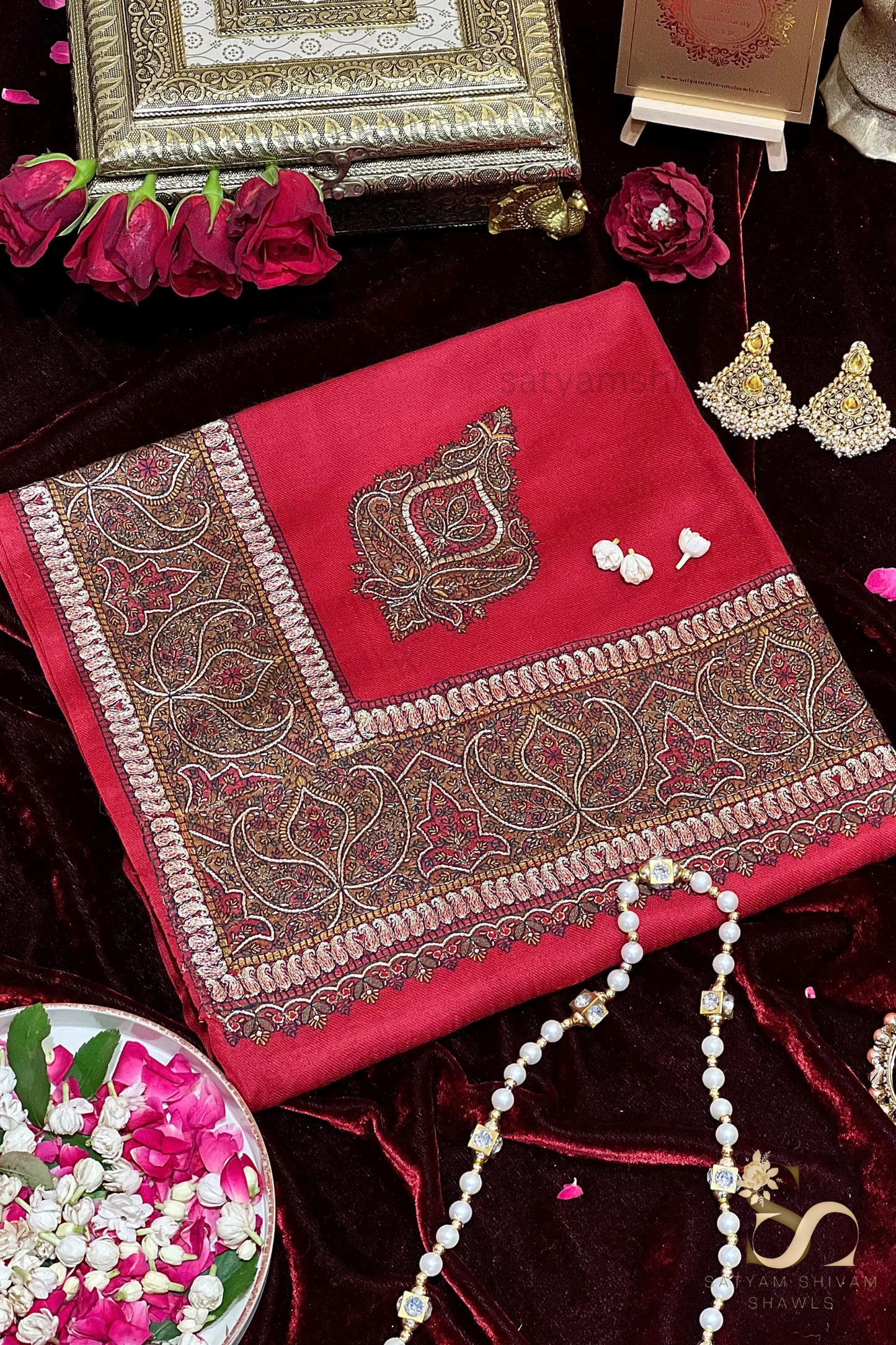 papear mashe kundan zari border shawl ,mehroon