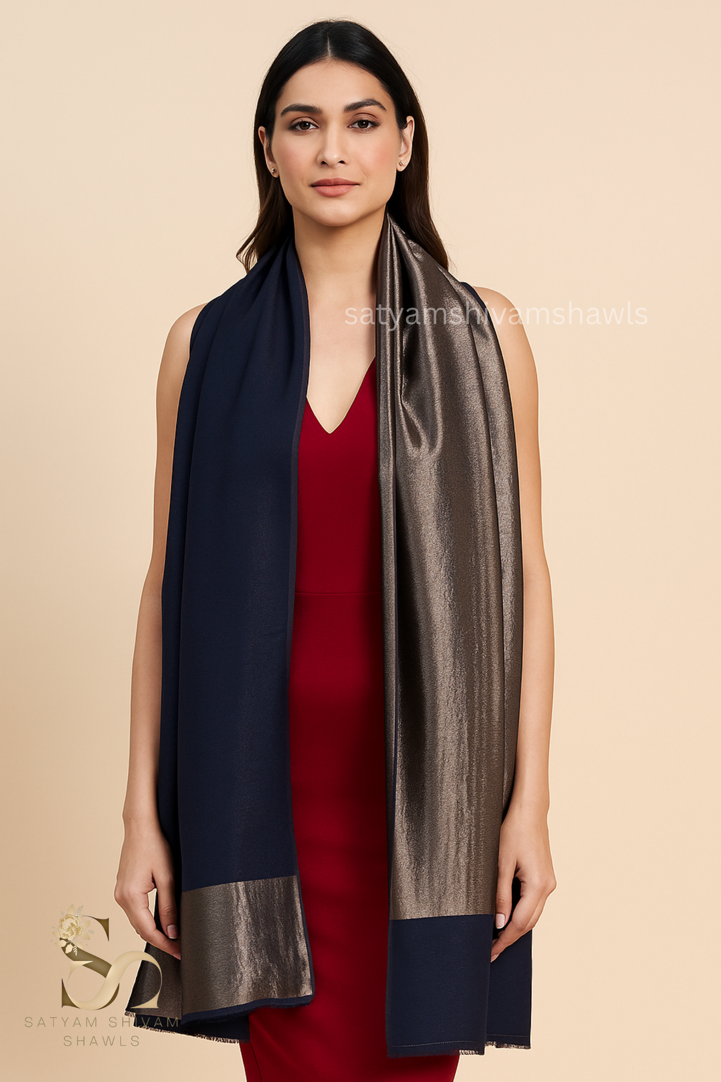 moonlight zari reversible shawl, navy blue