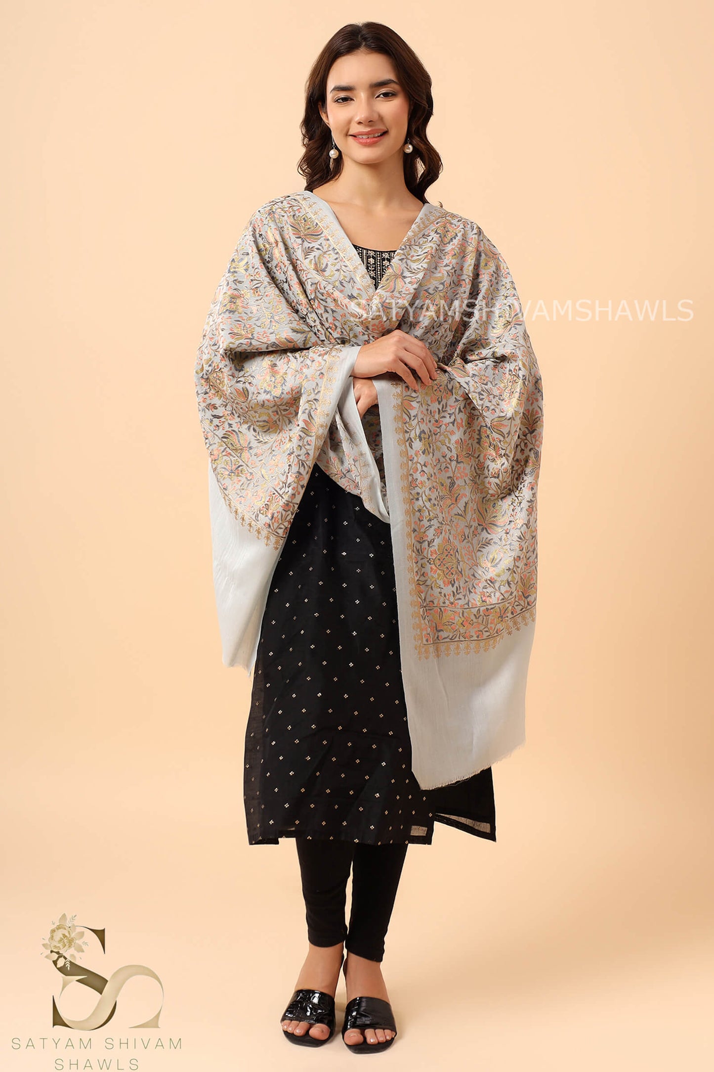 PASHMINA FINE WOOL NALKI EMBROIDERY WEAVE STOLE,WARM & SOFT,SILVERISHBLUE