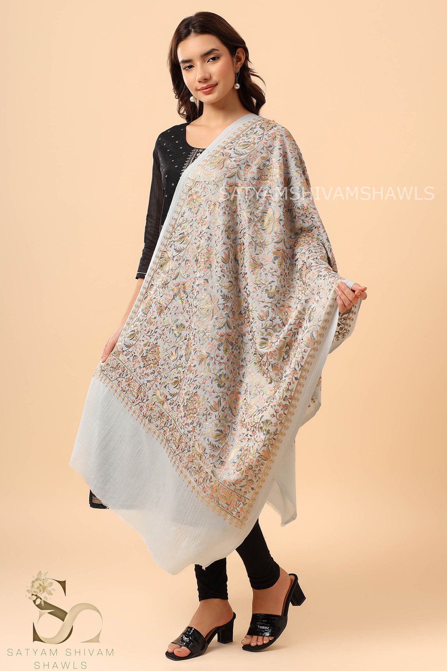 PASHMINA FINE WOOL NALKI EMBROIDERY WEAVE STOLE,WARM & SOFT,SILVERISHBLUE