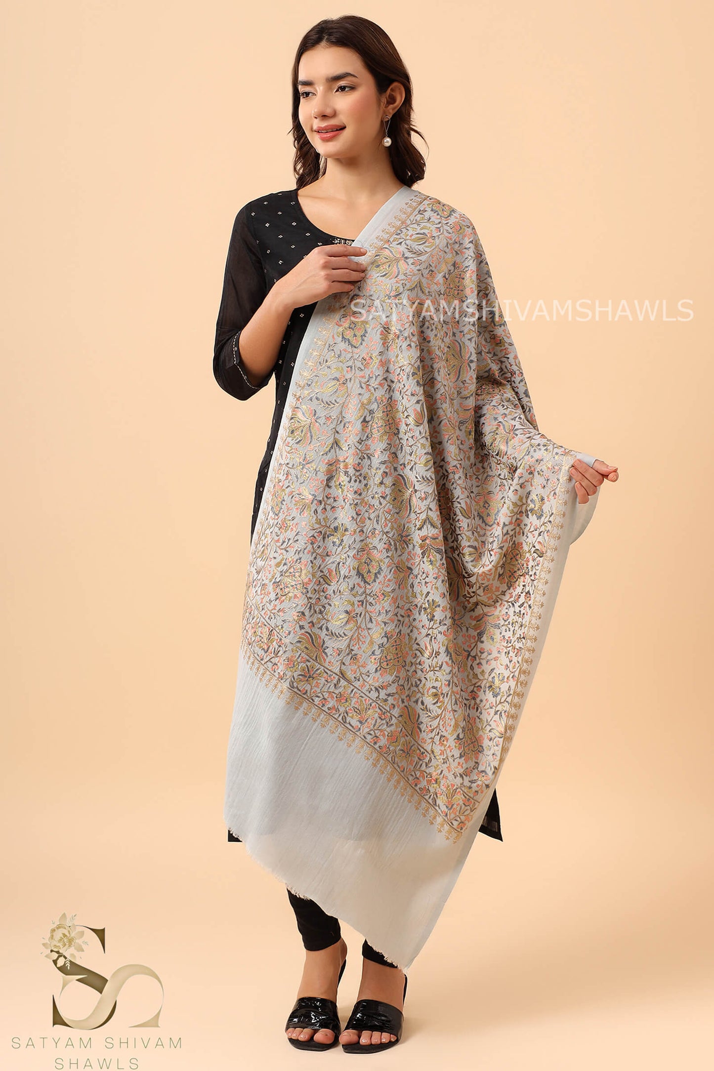 PASHMINA FINE WOOL NALKI EMBROIDERY WEAVE STOLE,WARM & SOFT,SILVERISHBLUE