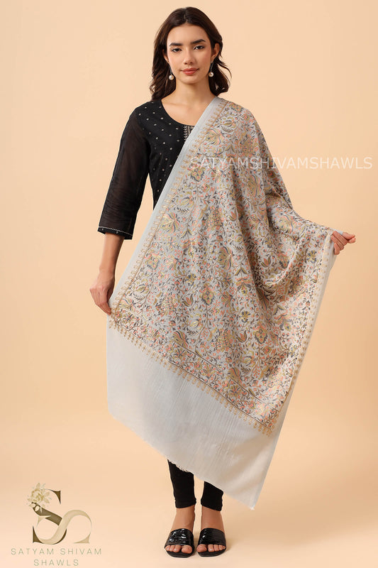 PASHMINA FINE WOOL NALKI EMBROIDERY WEAVE STOLE,WARM & SOFT,SILVERISHBLUE