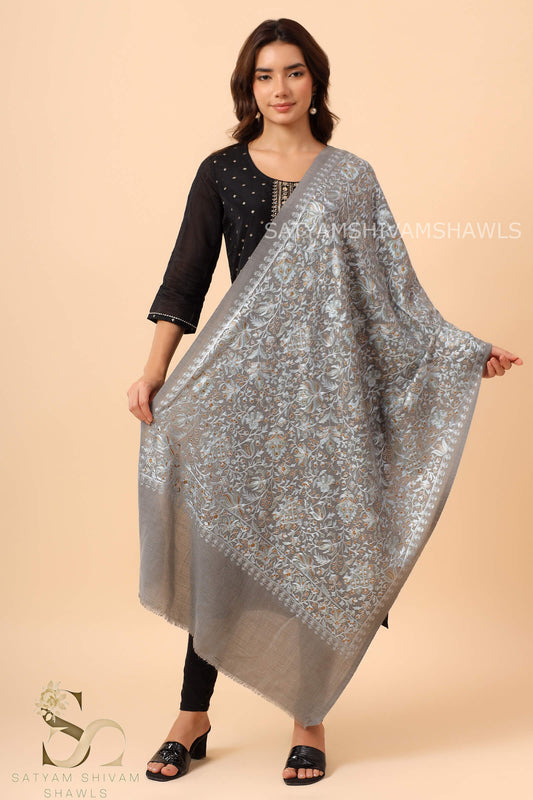 TURKISH PAISLEY PASHMINA FINE WOOL NALKI EMBROIDERY WEAVE STOLE,,WARM & SOFT,DARK GREY