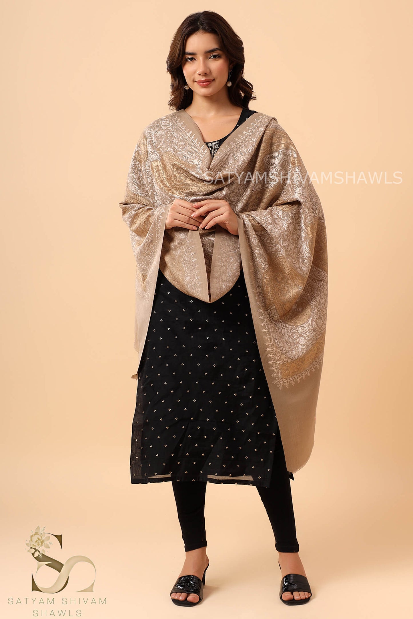 TURKISH PAISLEY PASHMINA FINE WOOL NALKI EMBROIDERY WEAVE STOLE,WARM & SOFT,BEIGE