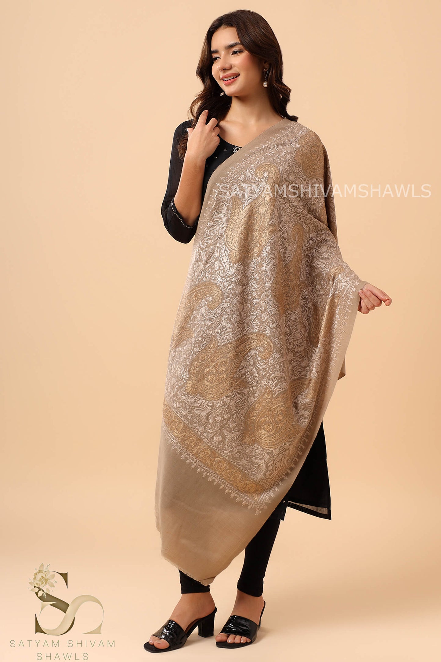 TURKISH PAISLEY PASHMINA FINE WOOL NALKI EMBROIDERY WEAVE STOLE,WARM & SOFT,BEIGE