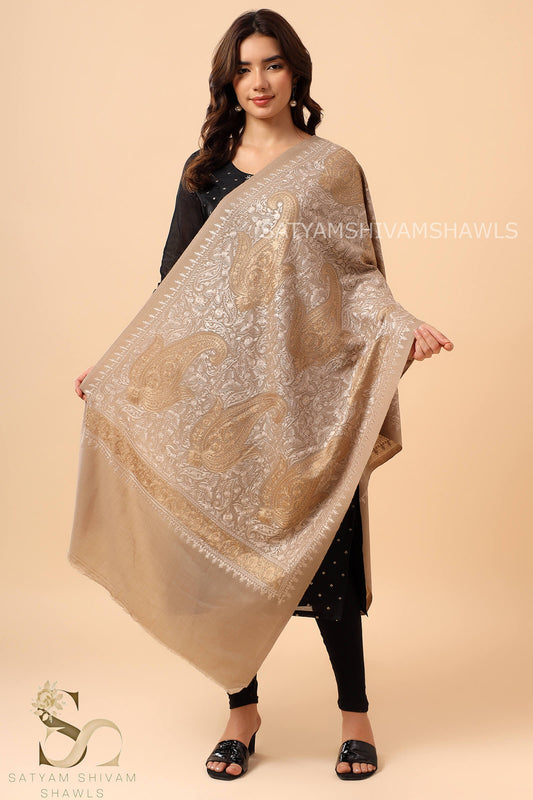 TURKISH PAISLEY PASHMINA FINE WOOL NALKI EMBROIDERY WEAVE STOLE,WARM & SOFT,BEIGE