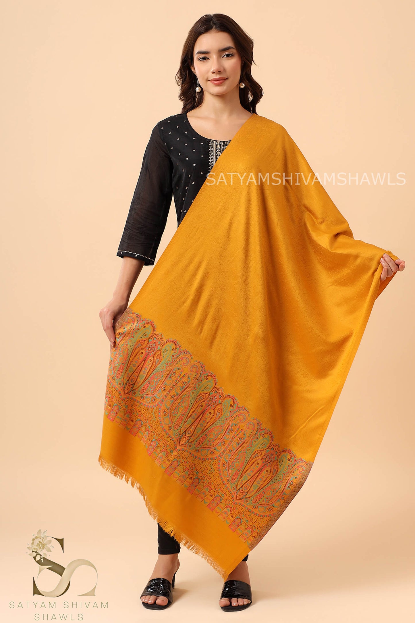 ANAQAT VINTAGE PAISLEY PALLA KANI WOMENS STOLE, MUSTARD