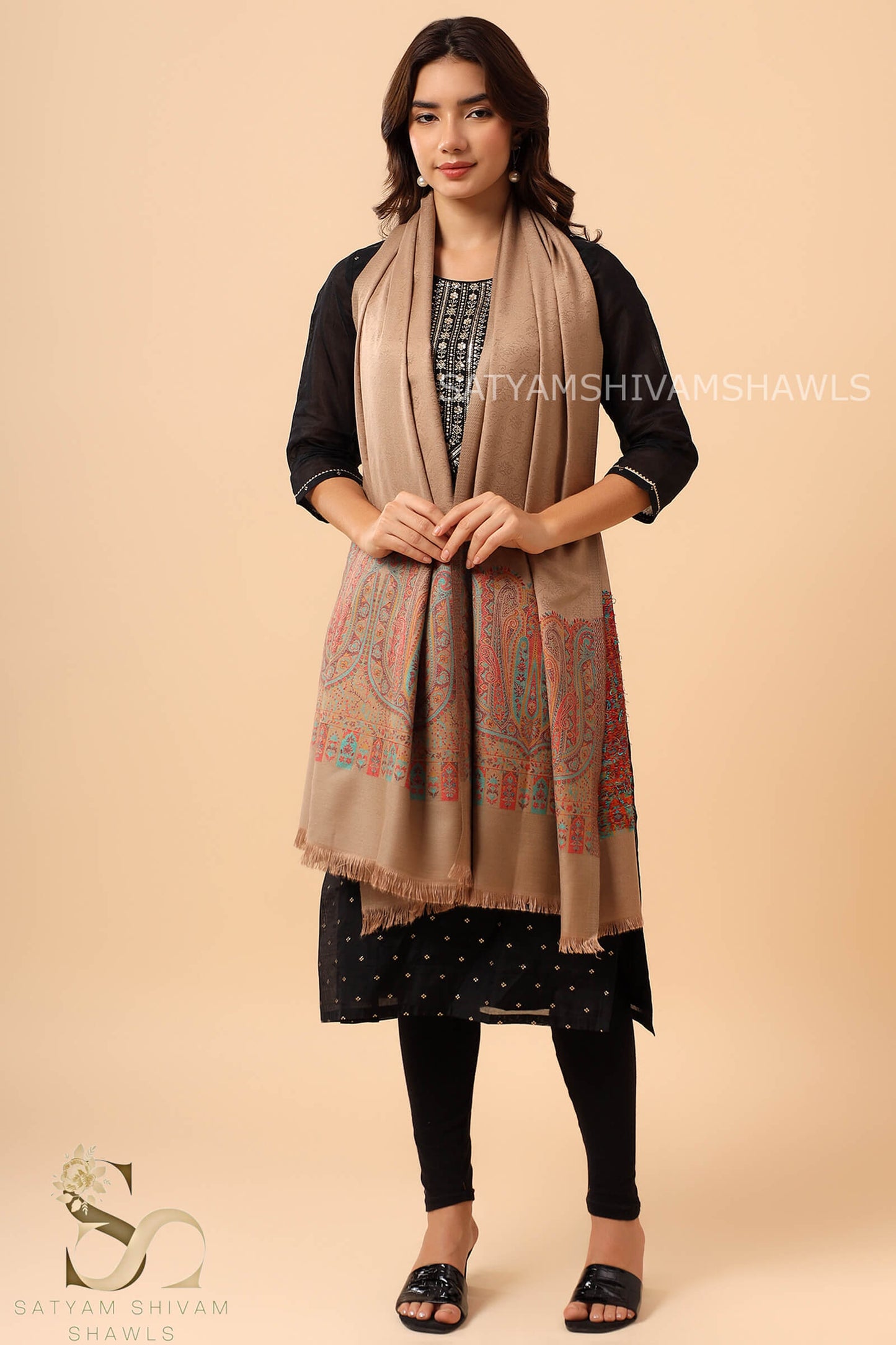 ANAQAT VINTAGE PAISLEY PALLA KANI WOMENS STOLE, CAMEL