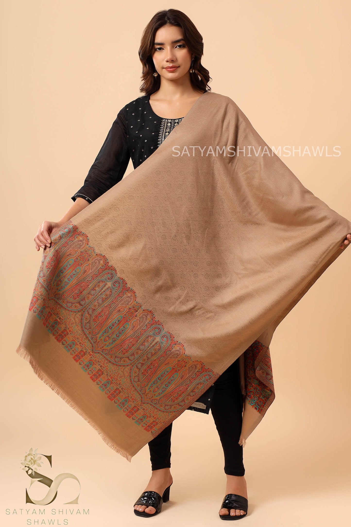 ANAQAT VINTAGE PAISLEY PALLA KANI WOMENS STOLE, CAMEL