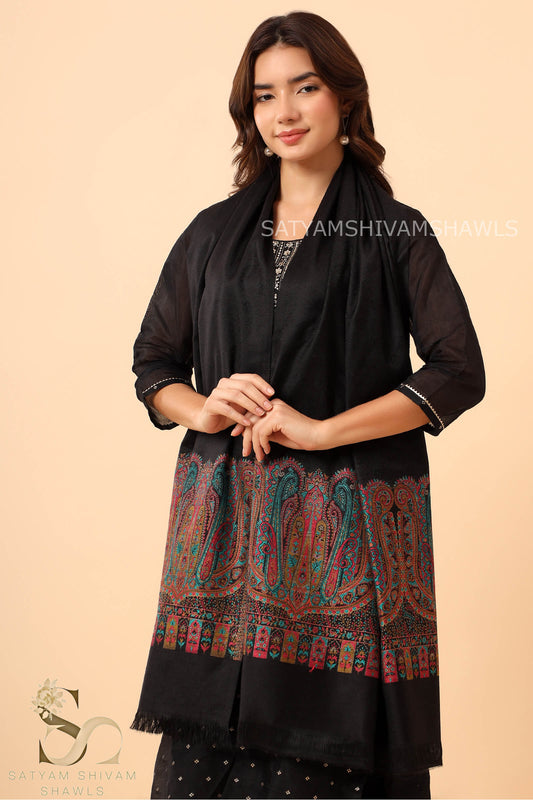 ANAQAT VINTAGE PAISLEY PALLA KANI WOMENS STOLE, BLACK