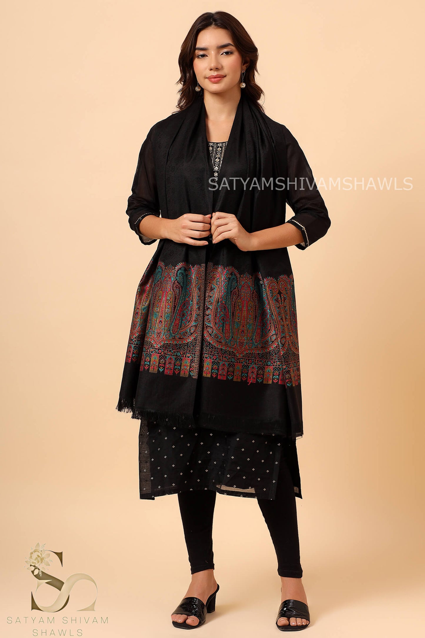 ANAQAT VINTAGE PAISLEY PALLA KANI WOMENS STOLE, BLACK
