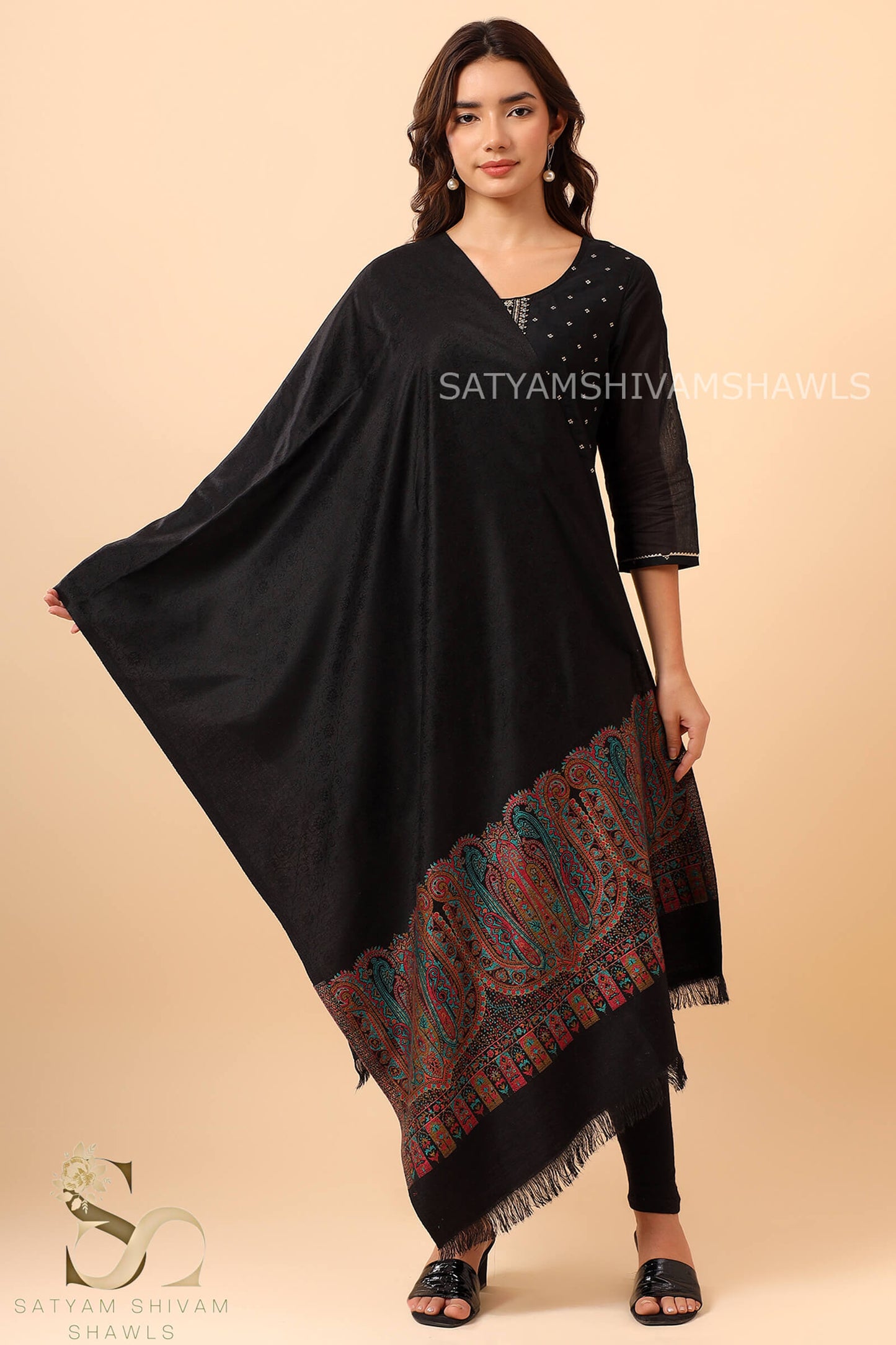 ANAQAT VINTAGE PAISLEY PALLA KANI WOMENS STOLE, BLACK