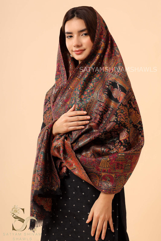 "SHAAN -E-DARBAR" THEME KANI  PASHMINA BLEND WOOL STOLE BLACK