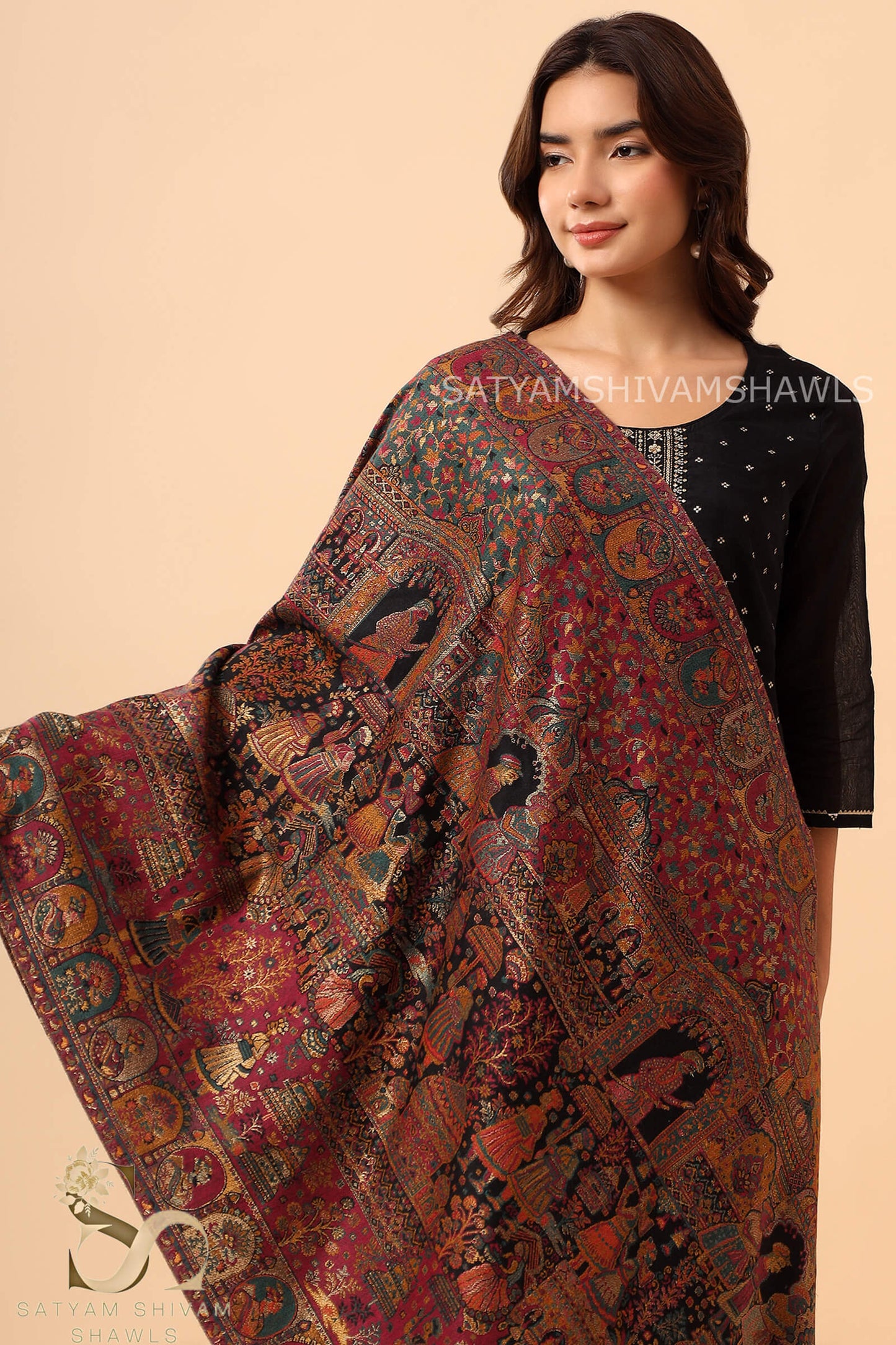 "SHAAN -E-DARBAR" THEME KANI  PASHMINA BLEND WOOL STOLE BLACK