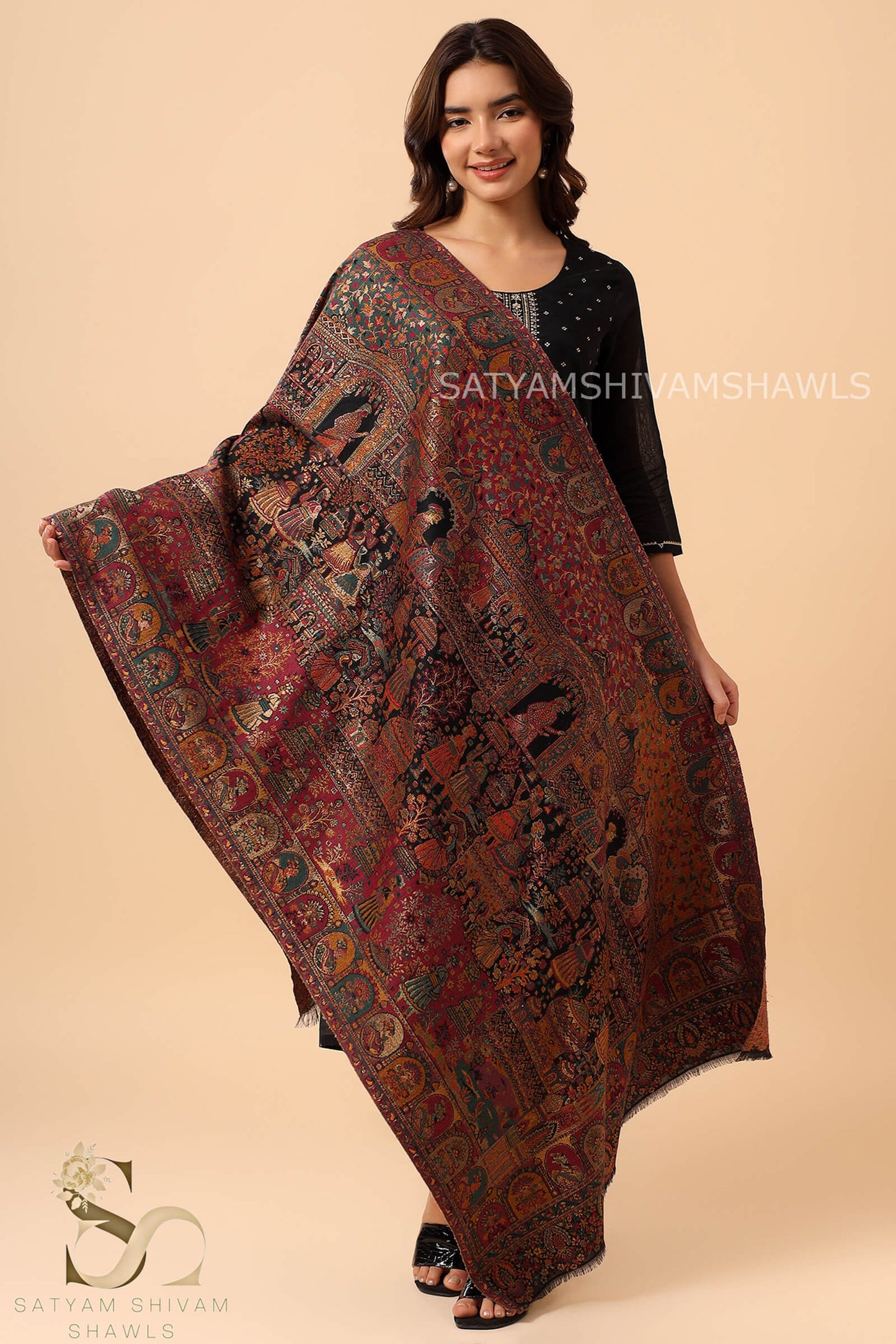 "SHAAN -E-DARBAR" THEME KANI  PASHMINA BLEND WOOL STOLE BLACK
