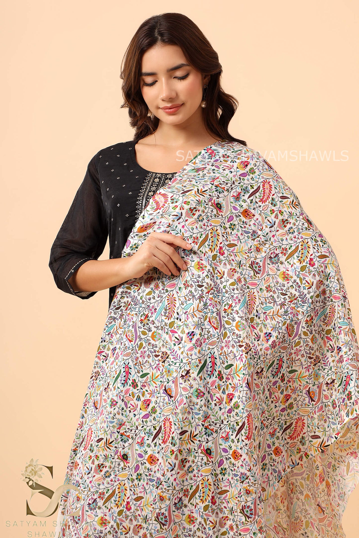 PAISLEY KALAMKARI LEAF DESIGN WOMENS SOFT SILK WOOL PRINT STOLES,WHITE