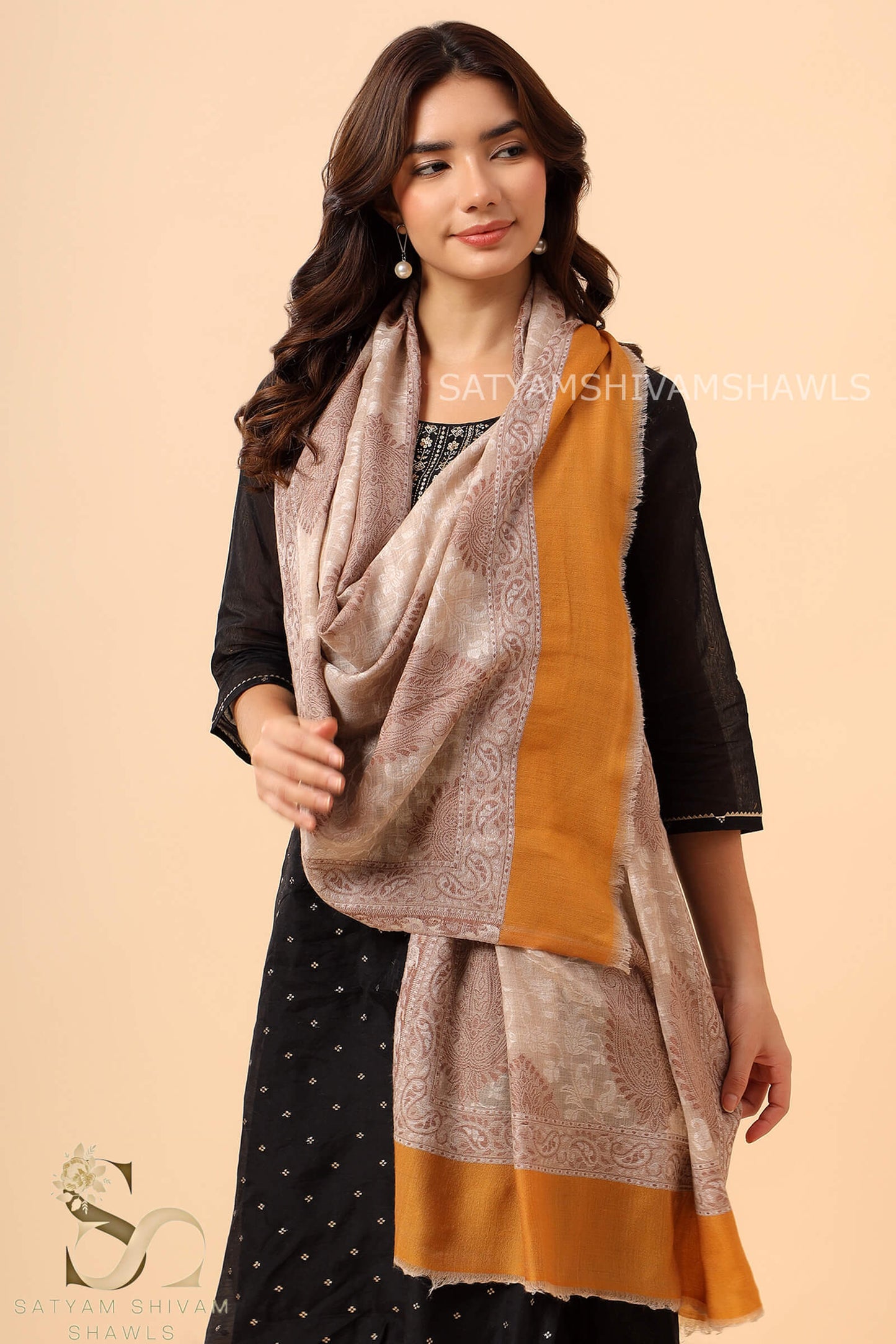 ARABIC BUTI SELF PASHMINA EXTRA FINE WOOL KANI STOLE,SKIN