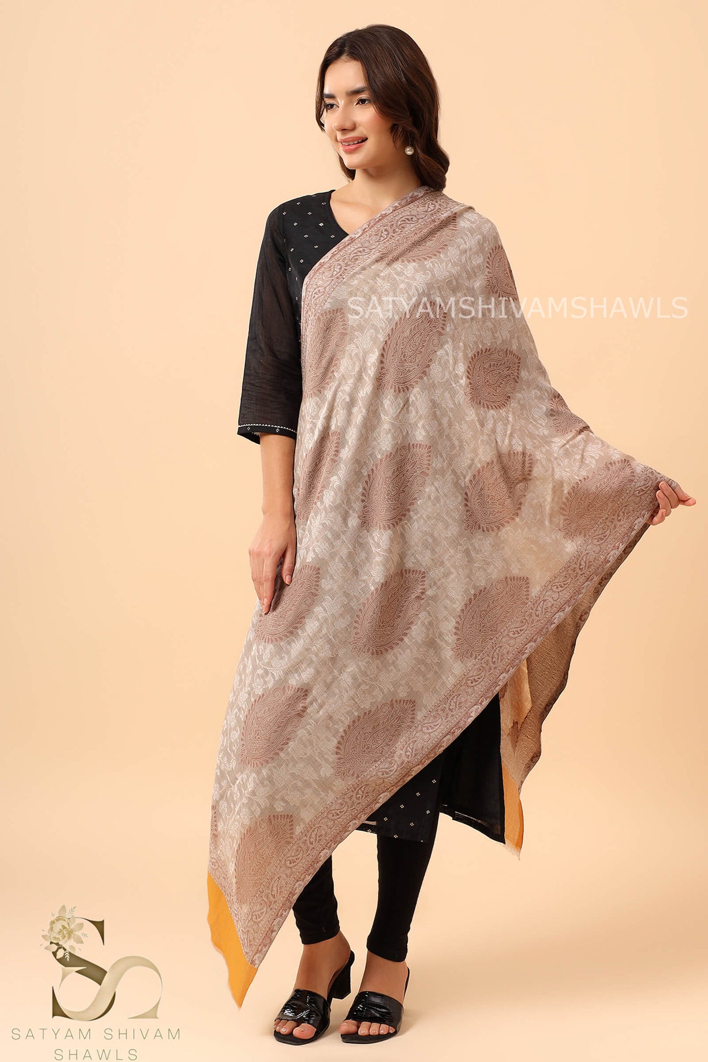 ARABIC BUTI SELF PASHMINA EXTRA FINE WOOL KANI STOLE,SKIN