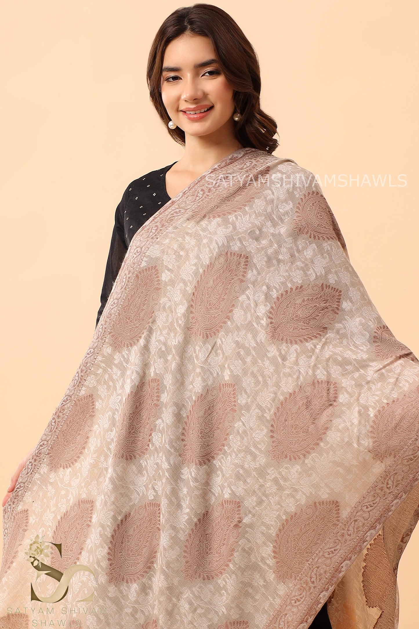 ARABIC BUTI SELF PASHMINA EXTRA FINE WOOL KANI STOLE,SKIN