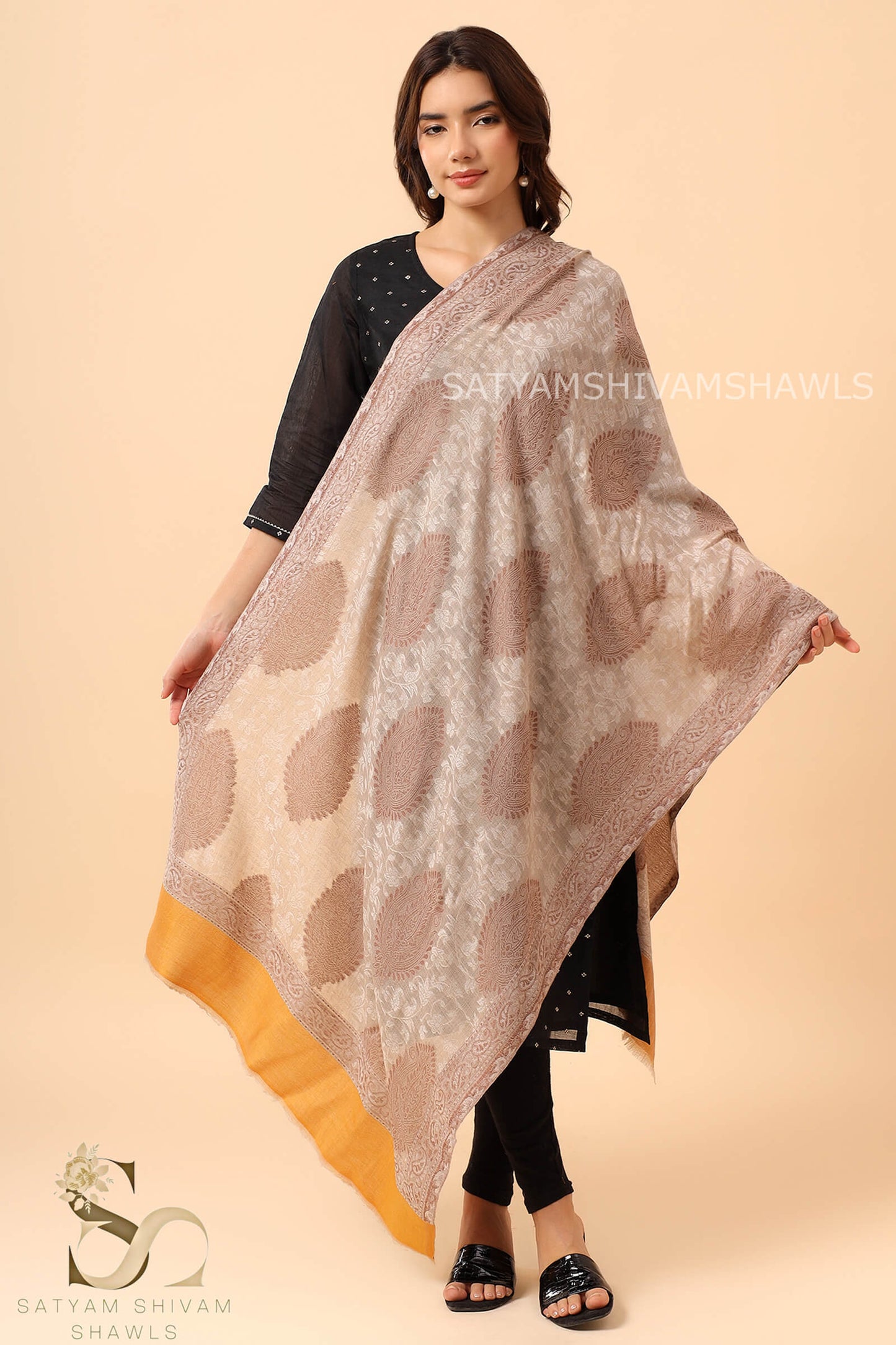 ARABIC BUTI SELF PASHMINA EXTRA FINE WOOL KANI STOLE,SKIN