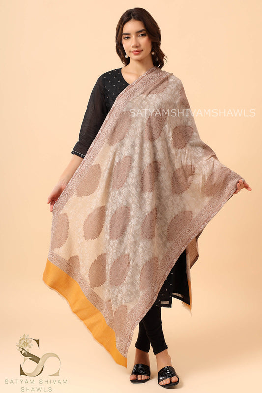 ARABIC BUTI SELF PASHMINA EXTRA FINE WOOL KANI STOLE,SKIN