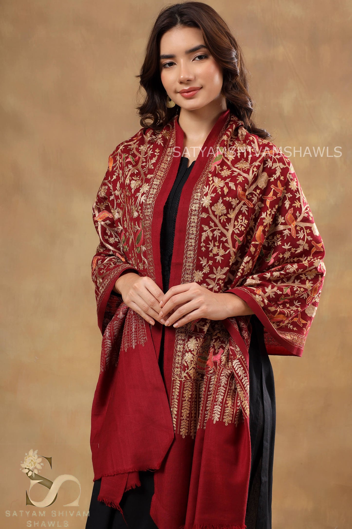 BIRDS OF HEAVEN ARABIC DESIGN NALKI ZARI EMBROIDERY STOLE,MEHROON
