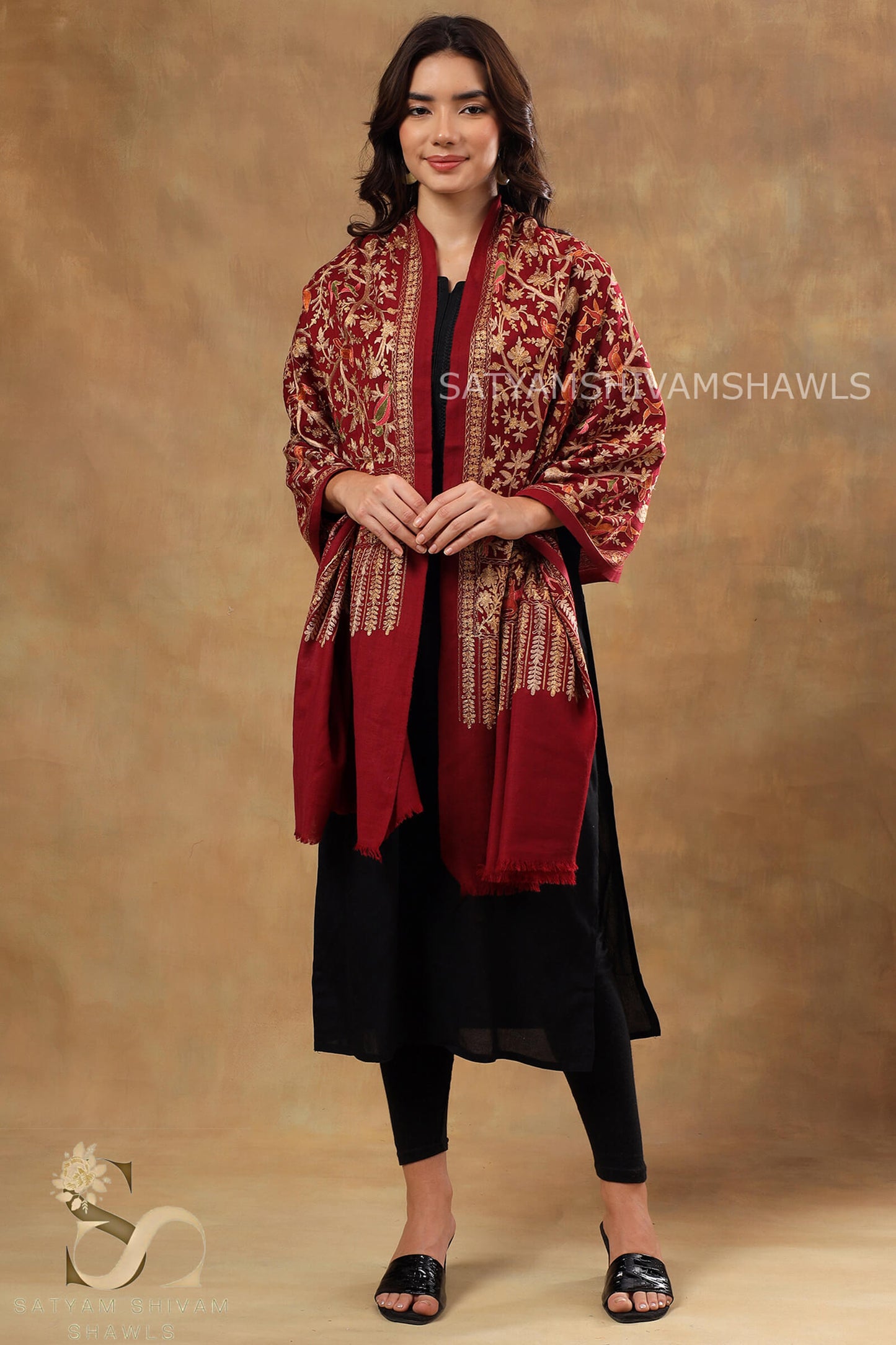 BIRDS OF HEAVEN ARABIC DESIGN NALKI ZARI EMBROIDERY STOLE,MEHROON