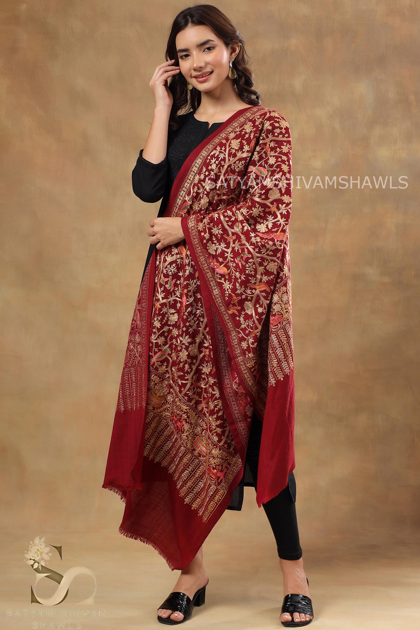 BIRDS OF HEAVEN ARABIC DESIGN NALKI ZARI EMBROIDERY STOLE,MEHROON