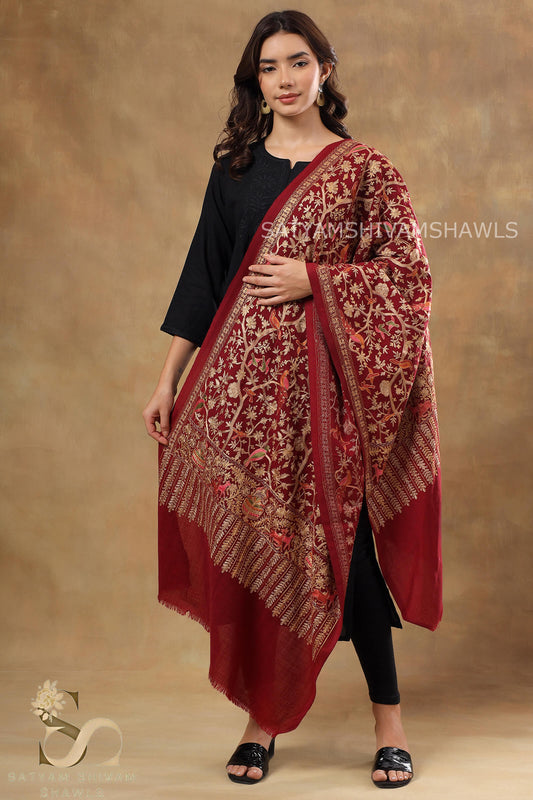 BIRDS OF HEAVEN ARABIC DESIGN NALKI ZARI EMBROIDERY STOLE,MEHROON