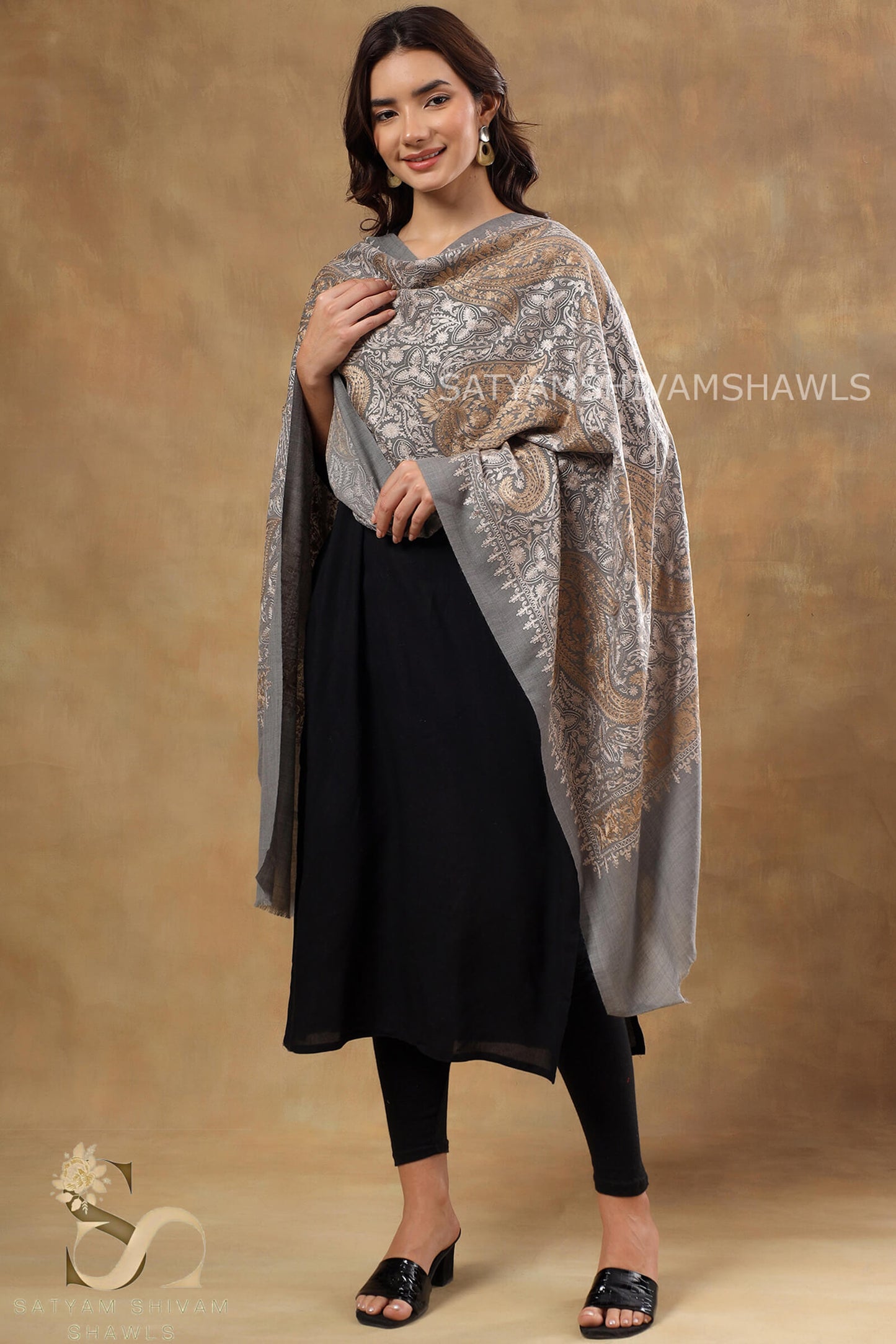 ¸TURKISH PAISLEY PASHMINA FINE WOOL NALKI EMBROIDERY WEAVE STOLE,DARK GAEY