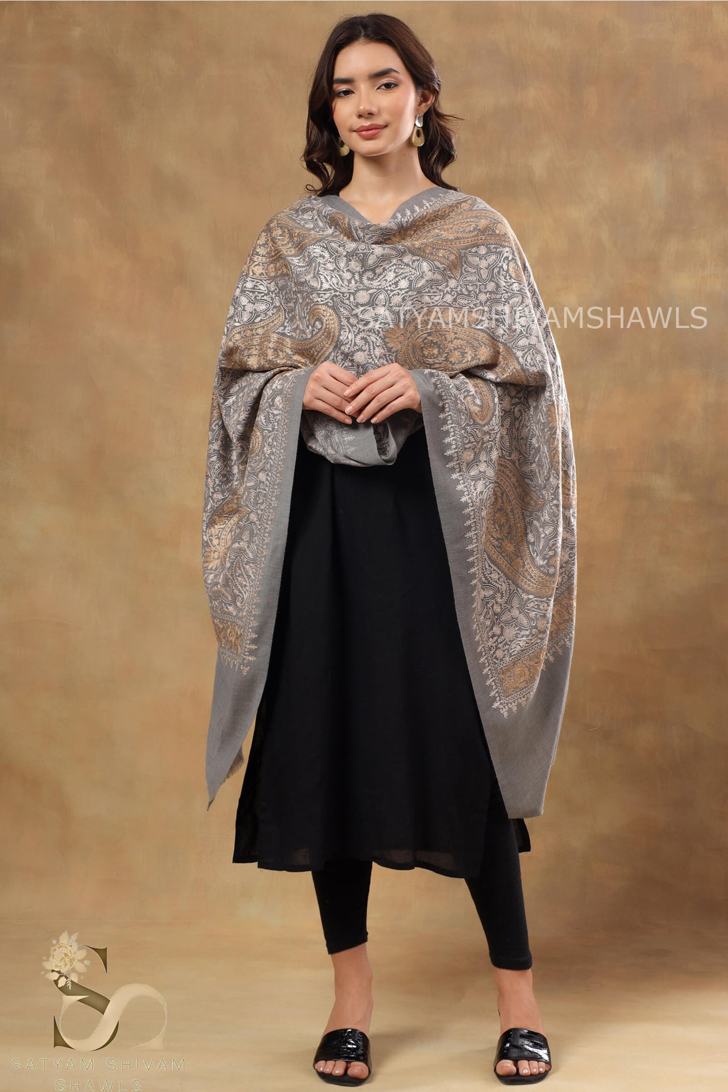 ¸TURKISH PAISLEY PASHMINA FINE WOOL NALKI EMBROIDERY WEAVE STOLE,DARK GAEY